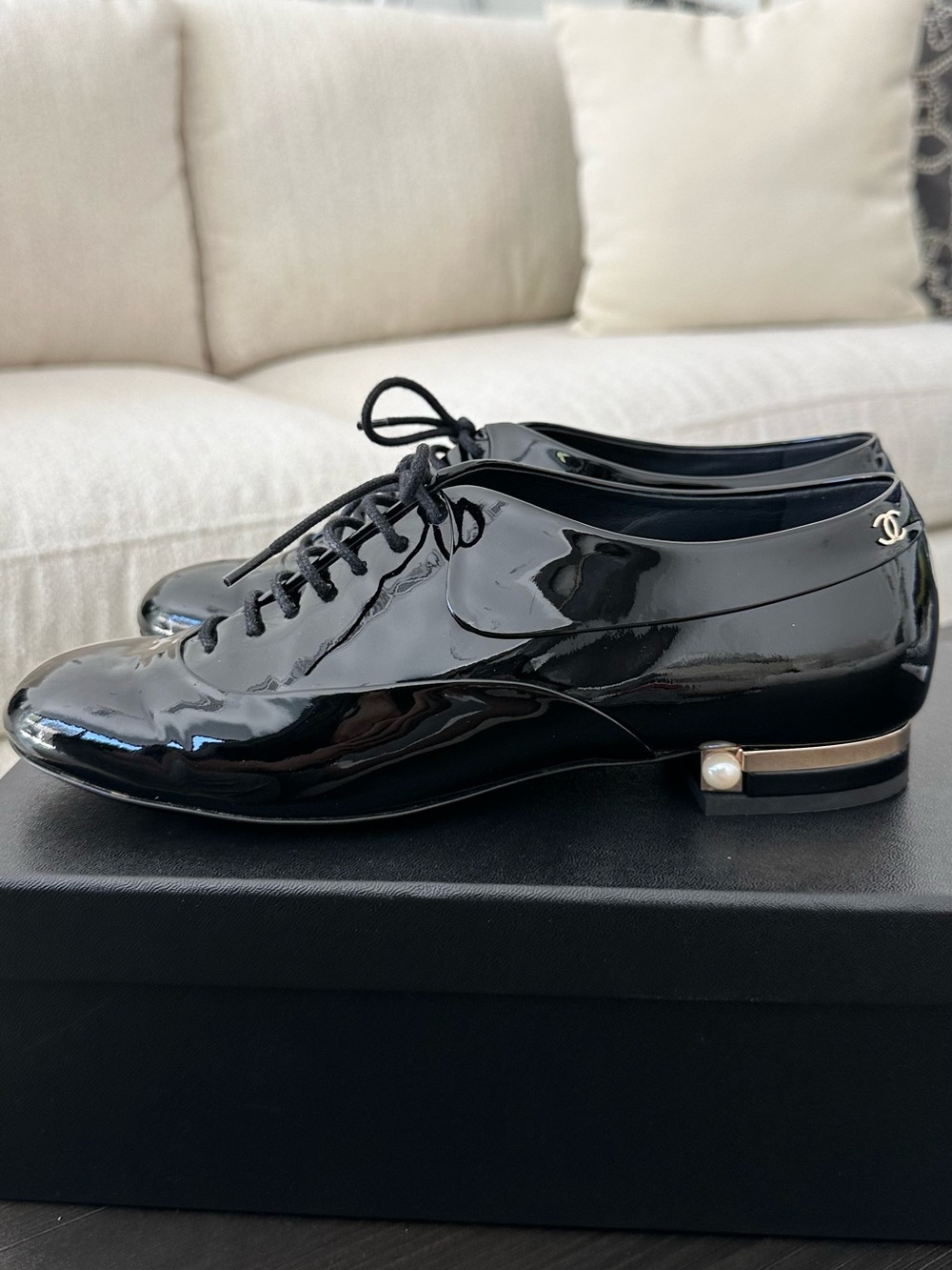 Chanel Black Patent Leather Oxfords with Pearl Accent, Authentic
